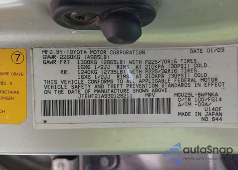 2003 Toyota Highlander V6 from USA, damaged, VIN JTEHF21A930128211